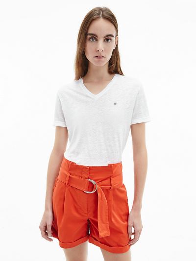 Calvin Klein Ruhák HU802692 | Calvin Klein Linen V-Neck Női Póló Világos Fehér